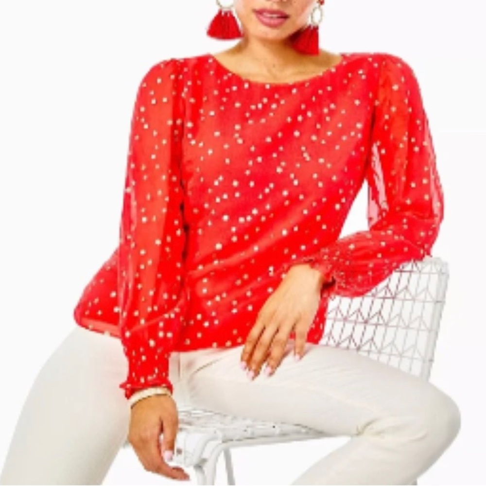 Lilly Pulitzer Ruby Red Gold Metallic Silk Clip Idina Silk Top